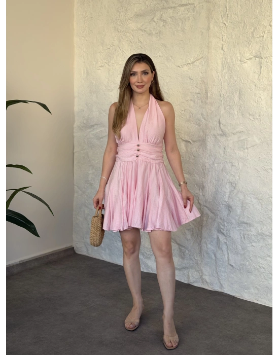 Kloş etekli bel drapeli sırt dekolteli mini elbise pembe