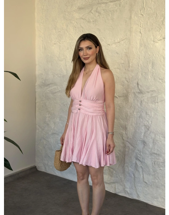 Kloş etekli bel drapeli sırt dekolteli mini elbise pembe