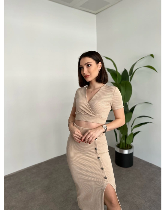 Kruvaze Crop Boy Etekli Takim Krem