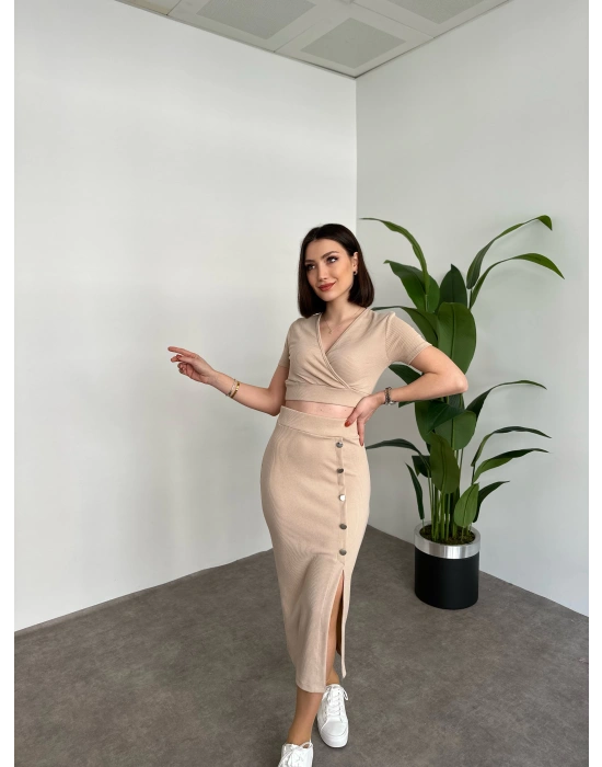 Kruvaze Crop Boy Etekli Takim Krem