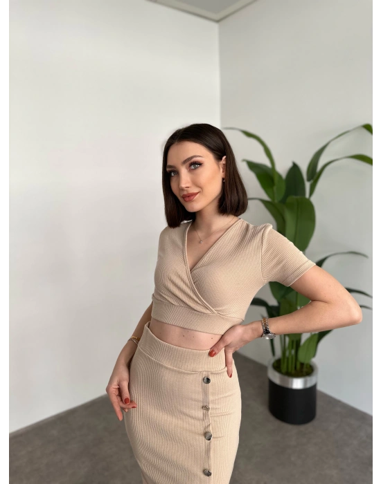 Kruvaze Crop Boy Etekli Takim Krem