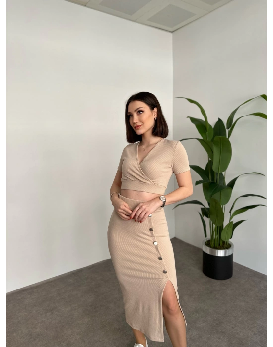 Kruvaze Crop Boy Etekli Takim Krem