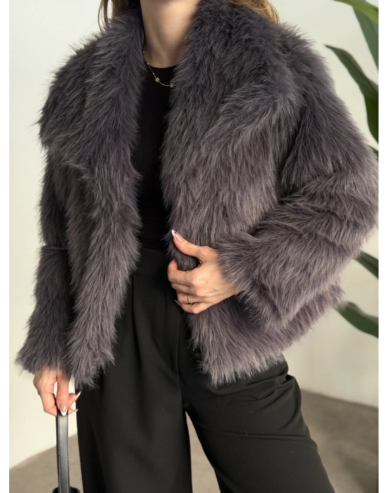 Kruvaze yaka astarlı kürklü mont antrasit