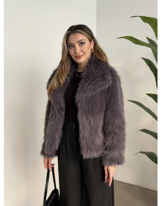 Kruvaze yaka astarlı kürklü mont antrasit