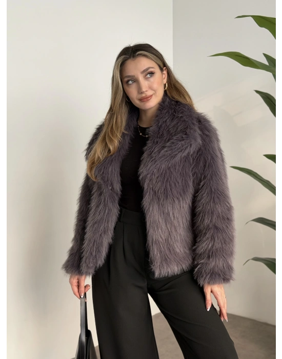 Kruvaze yaka astarlı kürklü mont antrasit