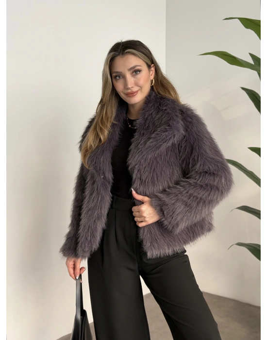 Kruvaze yaka astarlı kürklü mont antrasit