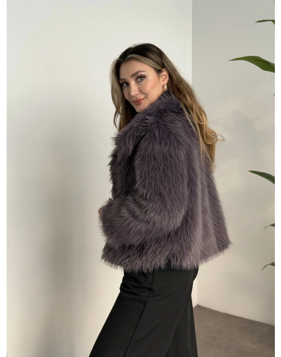 Kruvaze yaka astarlı kürklü mont antrasit