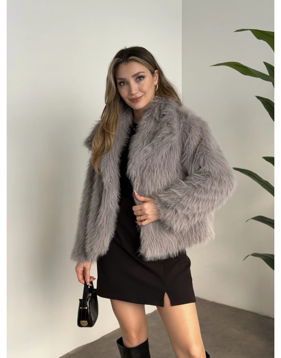 Kruvaze yaka astarlı kürklü mont gri
