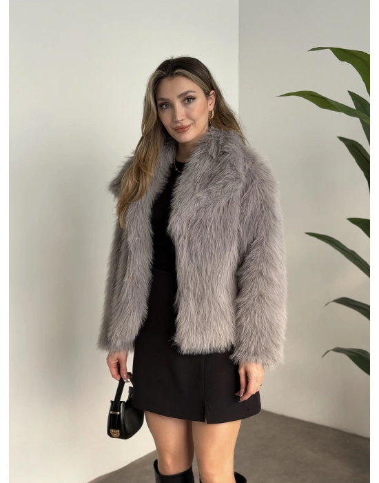 Kruvaze yaka astarlı kürklü mont gri