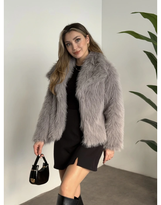 Kruvaze yaka astarlı kürklü mont gri