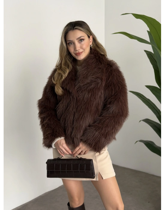 Kruvaze yaka astarlı kürklü mont kahve