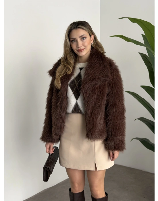 Kruvaze yaka astarlı kürklü mont kahve