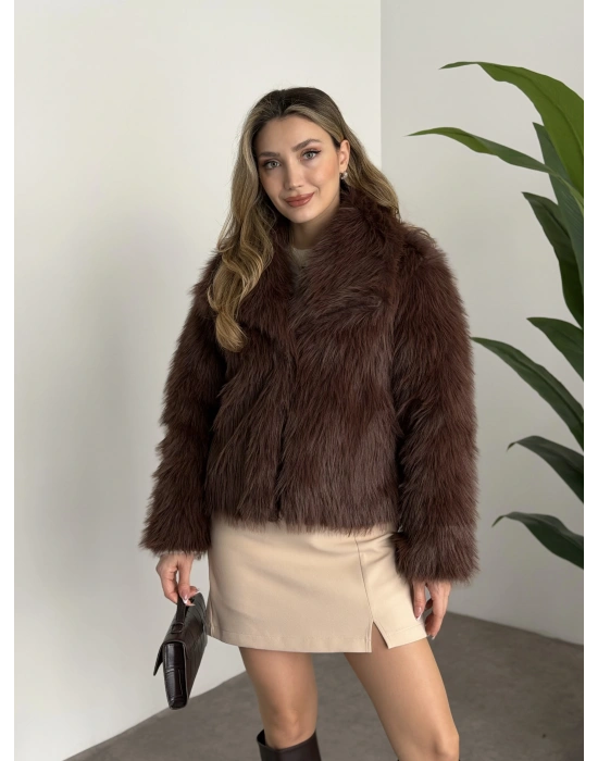 Kruvaze yaka astarlı kürklü mont kahve