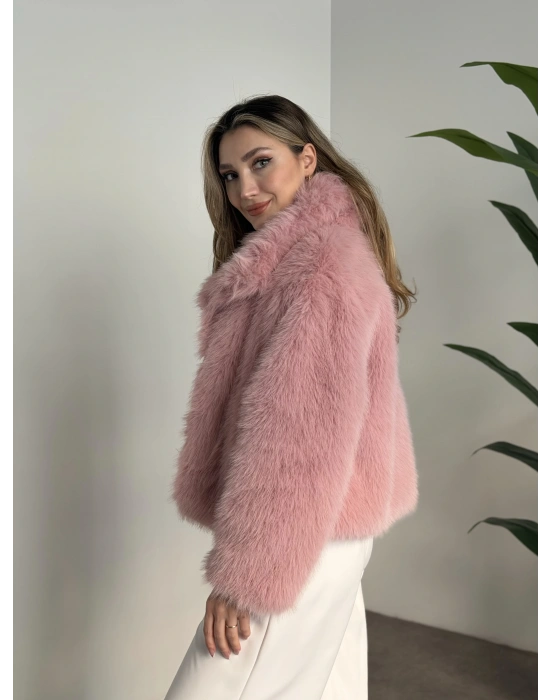 Kruvaze yaka astarlı kürklü mont pembe