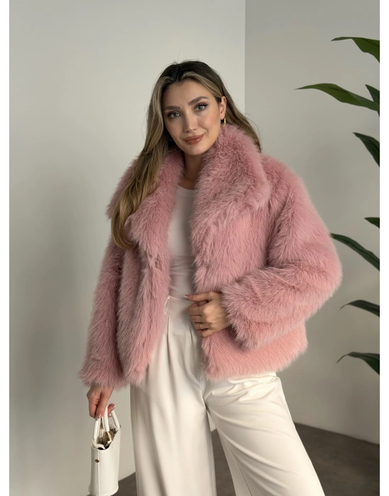 Kruvaze yaka astarlı kürklü mont pembe