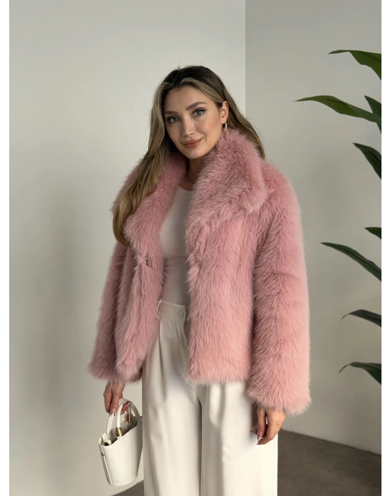 Kruvaze yaka astarlı kürklü mont pembe