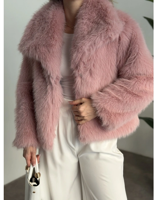 Kruvaze yaka astarlı kürklü mont pembe