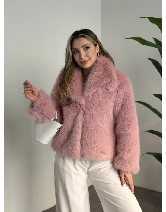 Kruvaze yaka astarlı kürklü mont pembe