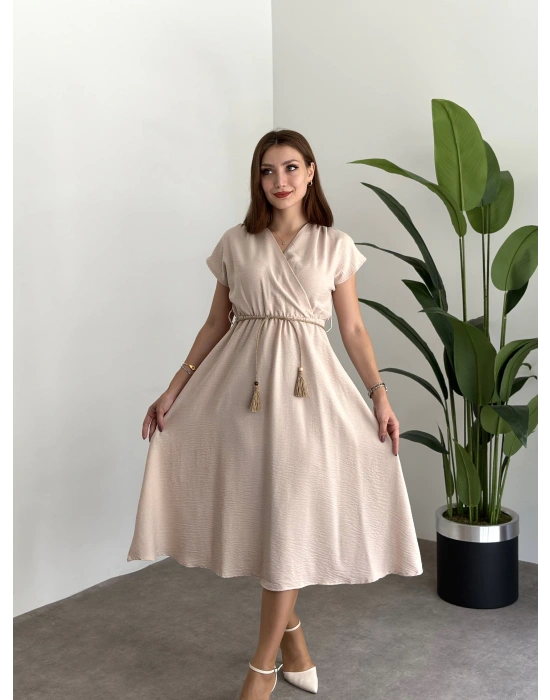 Kruvaze Yaka beli hasır ipli elbise Krem