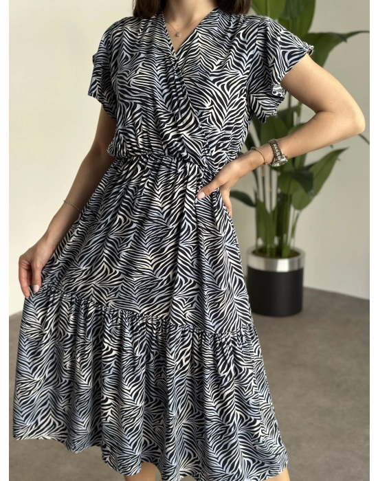 Kruvaze yaka viskon elbise Lacivert Beyaz Zebra Desenli