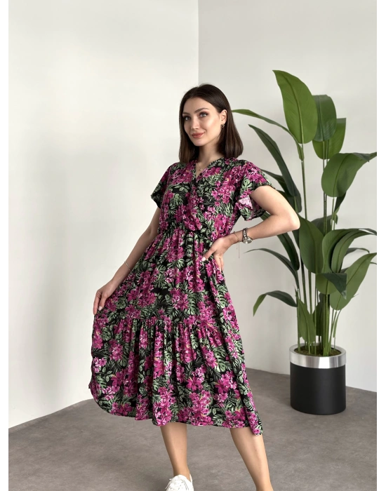 Kruvaze yaka viskon elbise Pembe Çiçekli Yapraklı