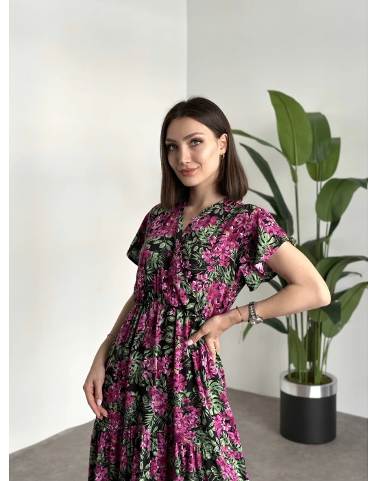 Kruvaze yaka viskon elbise Pembe Çiçekli Yapraklı