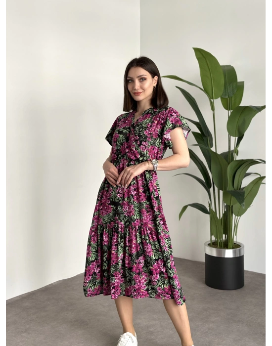 Kruvaze yaka viskon elbise Pembe Çiçekli Yapraklı