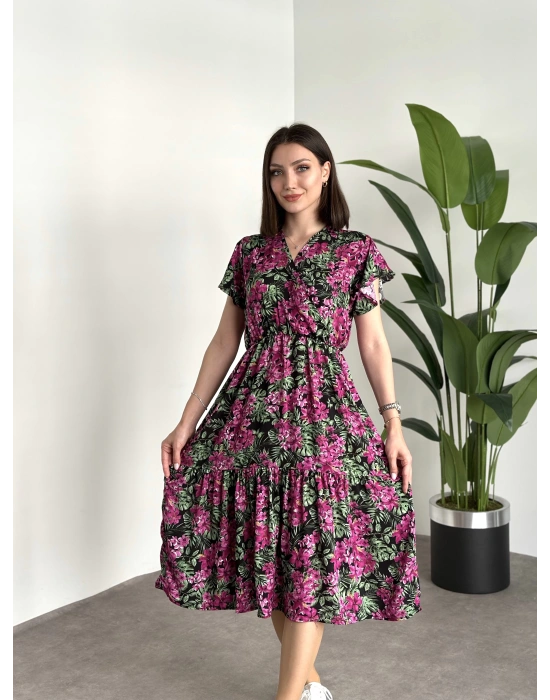 Kruvaze yaka viskon elbise Pembe Çiçekli Yapraklı