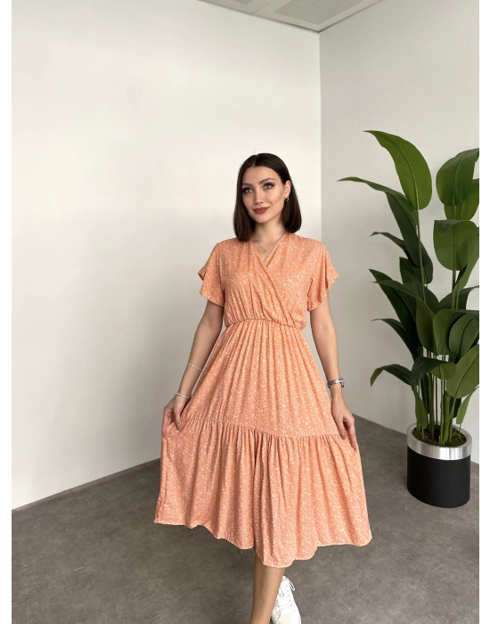 Kruvaze yaka viskon elbise Pudra Beyaz Küçük Çiçekli