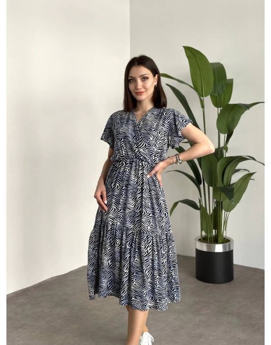 Kruvaze yaka viskon elbise Lacivert Beyaz Zebra Desenli