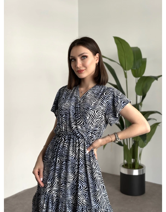 Kruvaze yaka viskon elbise Lacivert Beyaz Zebra Desenli