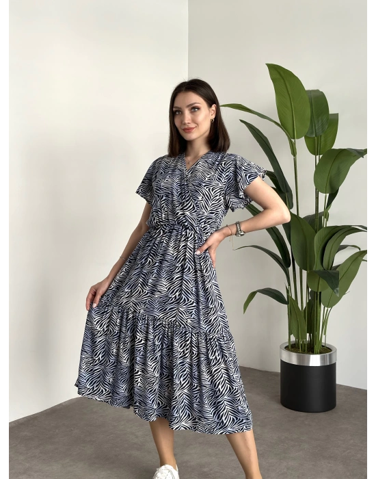 Kruvaze yaka viskon elbise Lacivert Beyaz Zebra Desenli