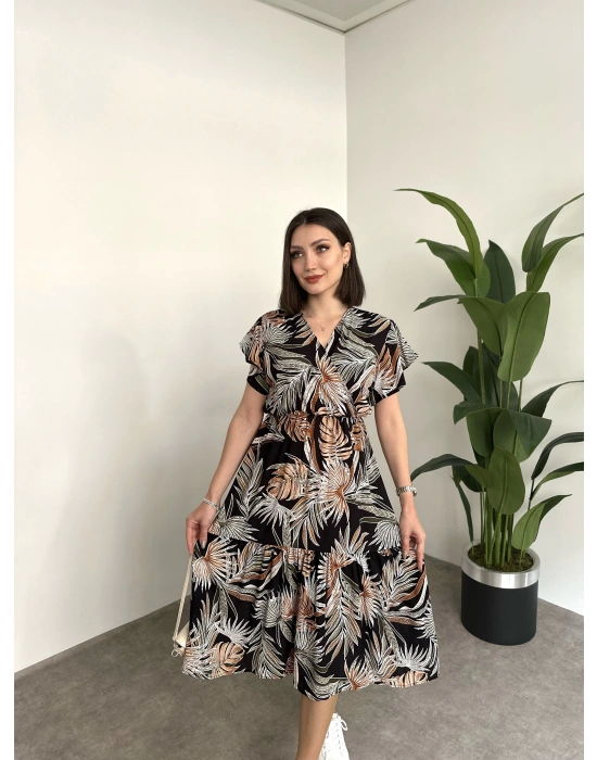Kruvaze yaka viskon elbise Siyah Büyük Yapraklı