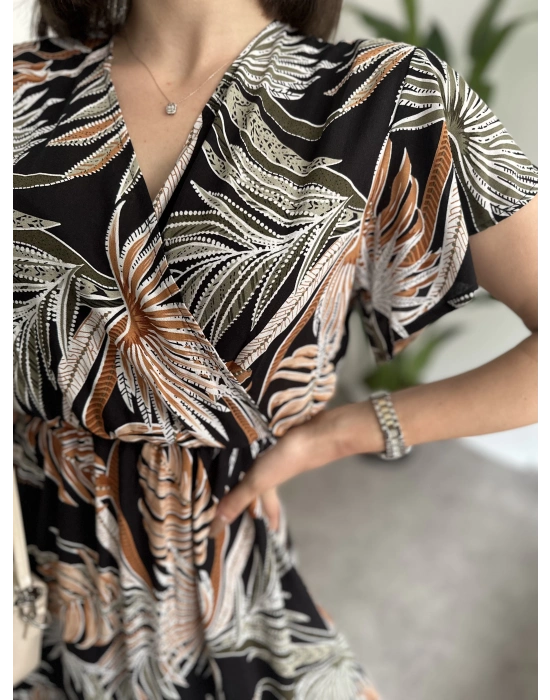 Kruvaze yaka viskon elbise Siyah Büyük Yapraklı