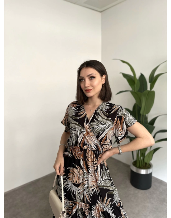 Kruvaze yaka viskon elbise Siyah Büyük Yapraklı