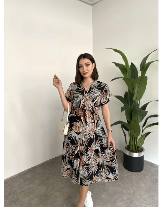 Kruvaze yaka viskon elbise Siyah Büyük Yapraklı