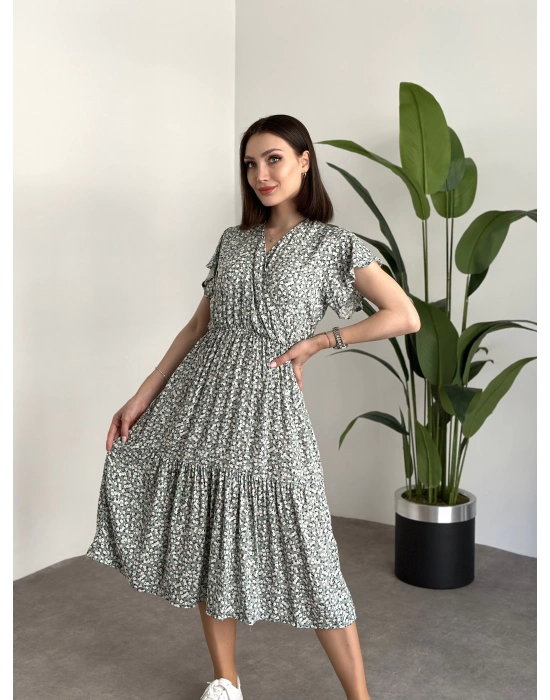 Kruvaze yaka viskon elbise Yeşil Küçük Beyaz Çiçekli