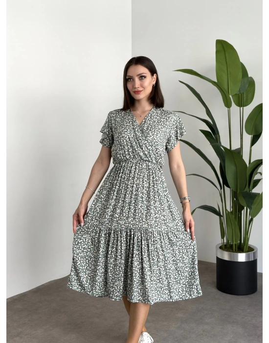 Kruvaze yaka viskon elbise Yeşil Küçük Beyaz Çiçekli