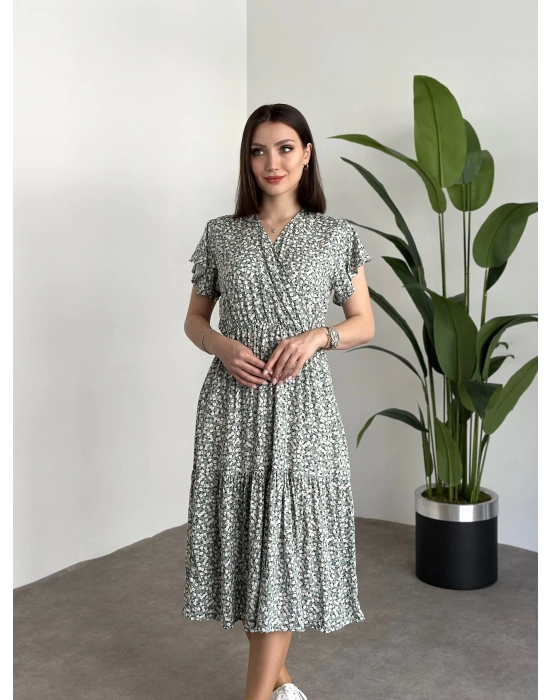 Kruvaze yaka viskon elbise Yeşil Küçük Beyaz Çiçekli