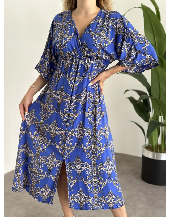 Kruvaze Yaka Yarasa Kol Yırtmaçlı Lastikli Elbise Koyu Mavi