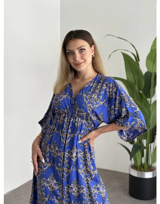 Kruvaze Yaka Yarasa Kol Yırtmaçlı Lastikli Elbise Koyu Mavi