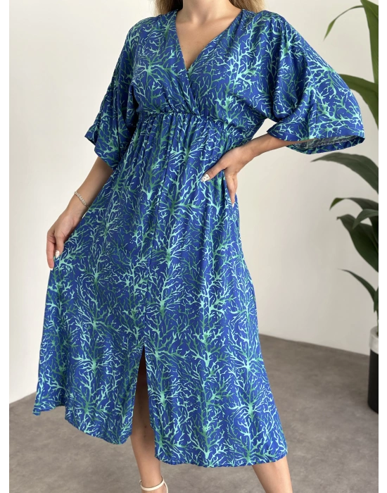 Kruvaze Yaka Yarasa Kol Yırtmaçlı Lastikli Elbise Mavi Yeşil