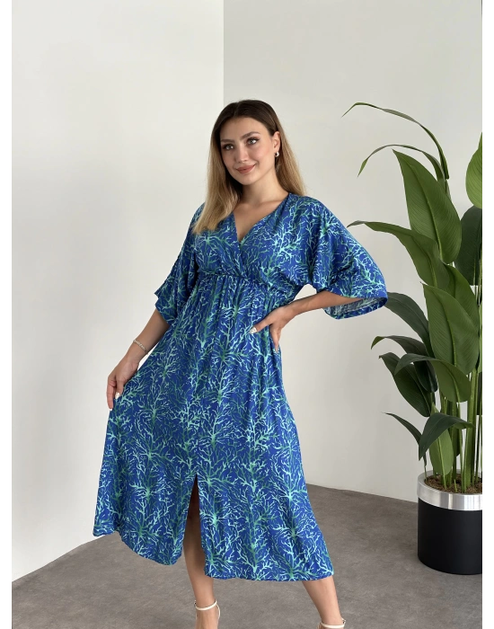 Kruvaze Yaka Yarasa Kol Yırtmaçlı Lastikli Elbise Mavi Yeşil