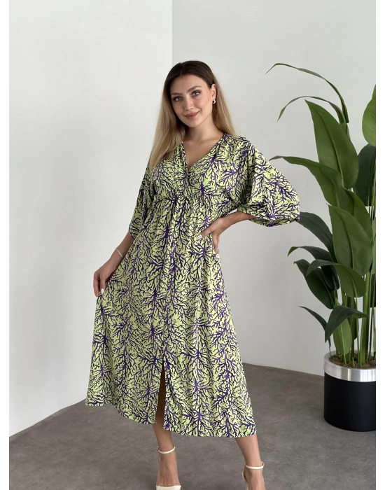 Kruvaze Yaka Yarasa Kol Yırtmaçlı Lastikli Elbise Yeşil Mor