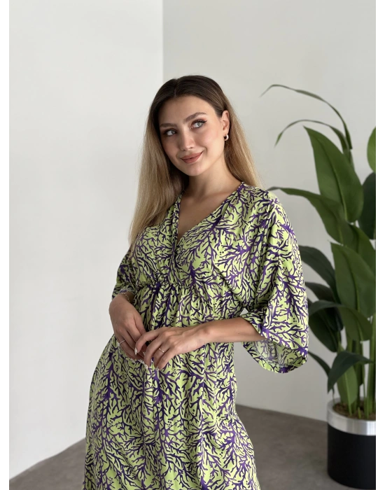 Kruvaze Yaka Yarasa Kol Yırtmaçlı Lastikli Elbise Yeşil Mor