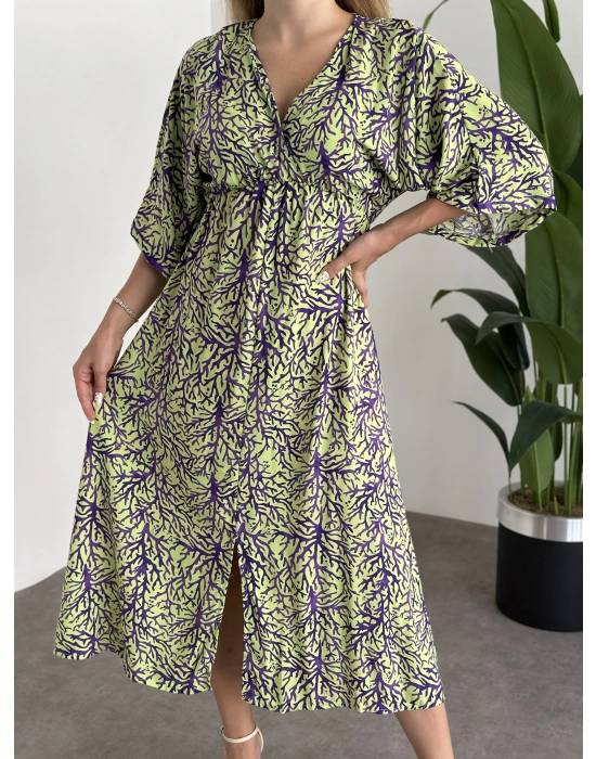 Kruvaze Yaka Yarasa Kol Yırtmaçlı Lastikli Elbise Yeşil Mor