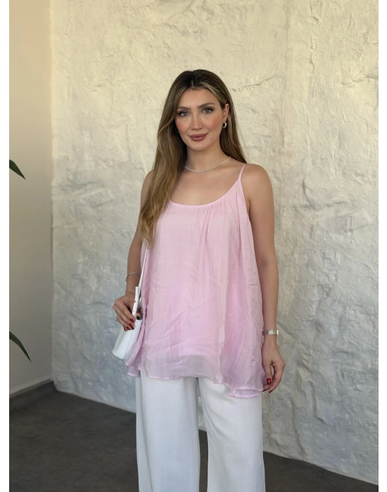 Lara askılı salaş bluz pembe
