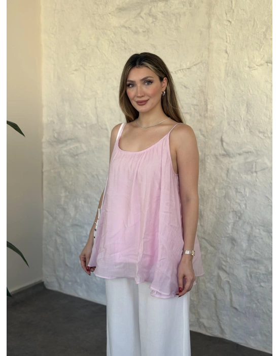 Lara askılı salaş bluz pembe