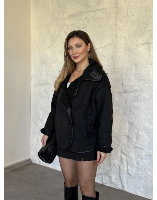 Lara teddy kürklü mont siyah
