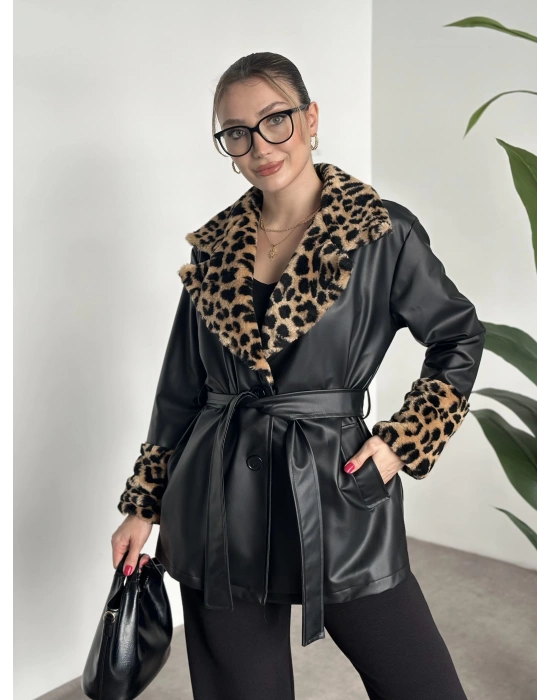 Leopar desenli kürklü deri trenç kısa